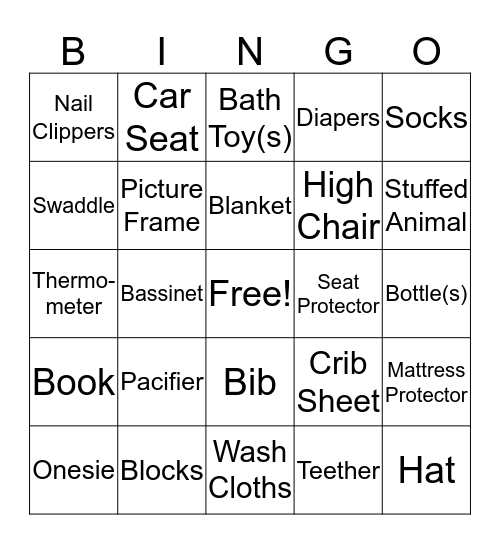 Jen & Daniel's Shower Baby Gift Bingo Card