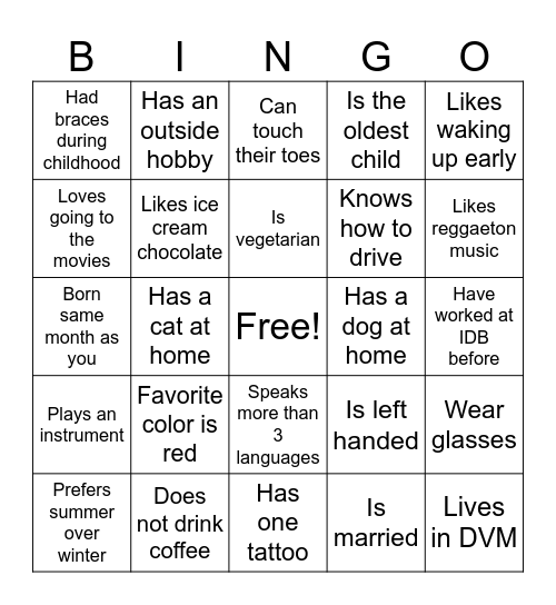 IDB Bingo Card