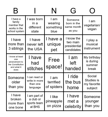 GET TO KNOW YOU Bingo Card