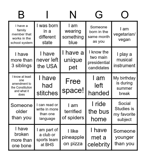 GET TO KNOW YOU Bingo Card