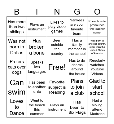 First Day of School Bingo Card