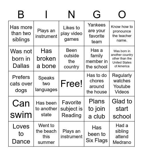 First Day of School Bingo Card