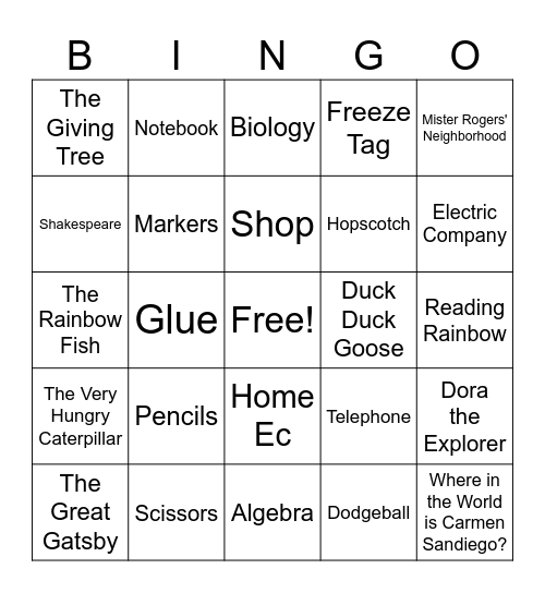 Back to School Bingo Card