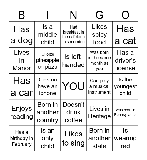 Getting to know each other Bingo Card