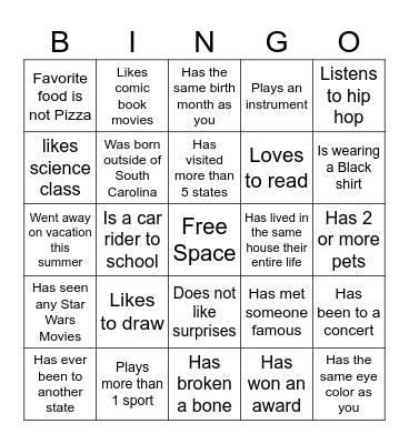 Middle School Bingo Card