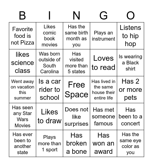 Middle School Bingo Card
