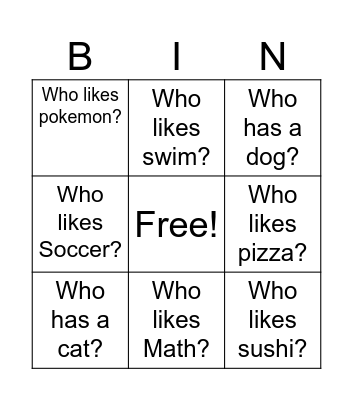 Find a friend Bingo Card