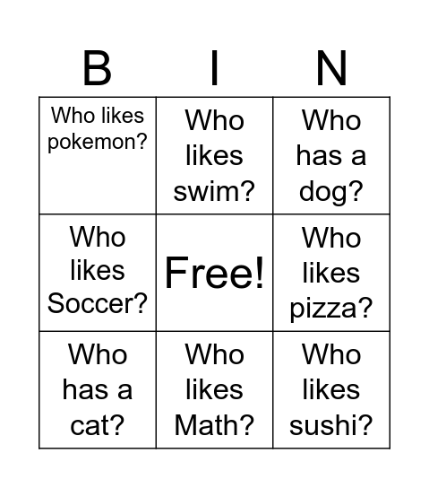 Find a friend Bingo Card