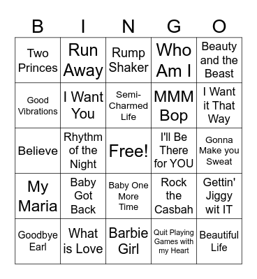 Big C's 90's Music Bingo Card