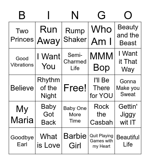 Big C's 90's Music Bingo Card