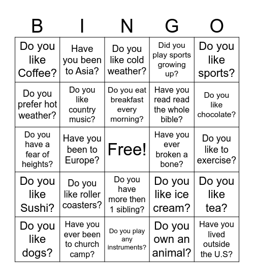 12 Questions Bingo Card