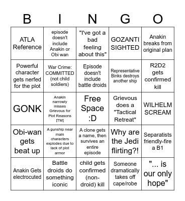 Clone Wars Bingo Card