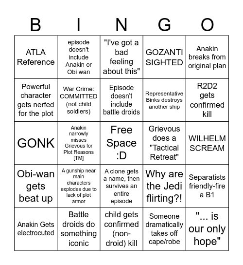 Clone Wars Bingo Card