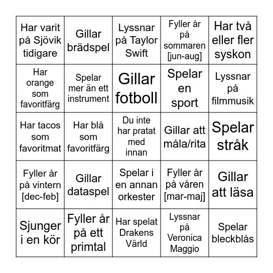 Sjövikslägrets "Lära Känna"-Bingo Card