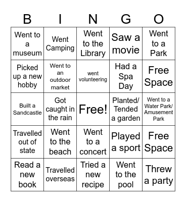 End of Summer Bingo Card