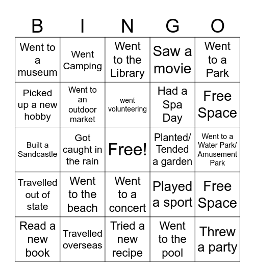 End of Summer Bingo Card