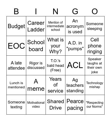 Monday Morning District Meeting Bingo Card