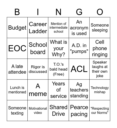 Monday Morning District Meeting Bingo Card