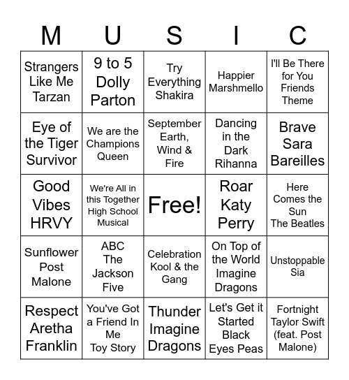 Back to School Music Bingo Card