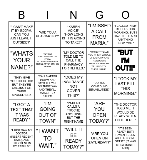 PHARMACY BINGO Card