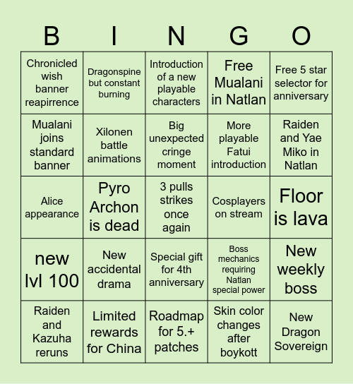 5.0 BIG GENSHIN IMPACT STREAM Bingo Card