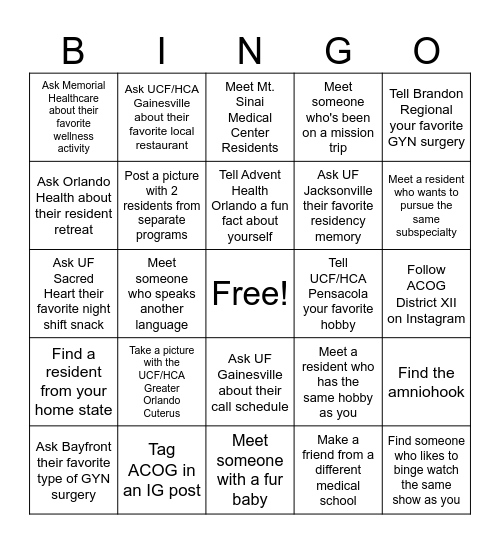 ACOG District XII Residency Panel Bingo Card