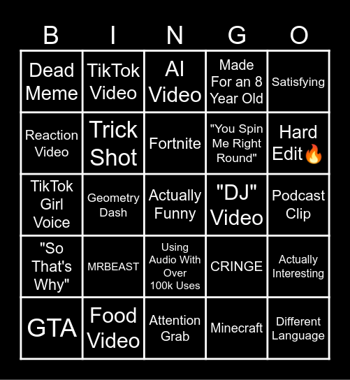 YouTube Shorts Bingo Card