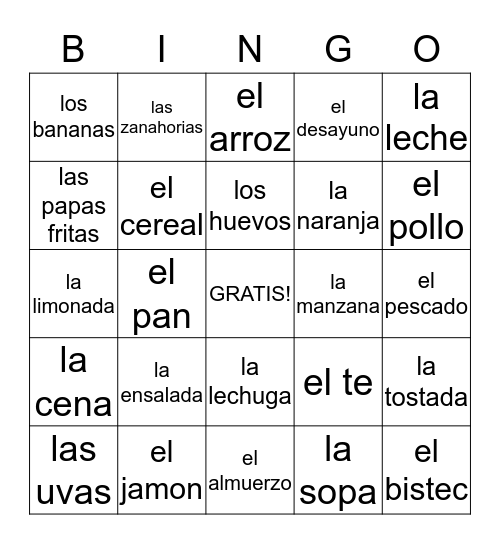 comidas Bingo Card