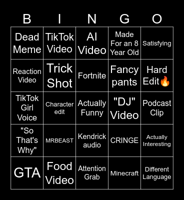 YouTube Shorts Bingo Card