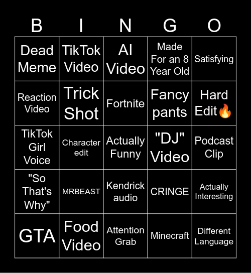 YouTube Shorts Bingo Card