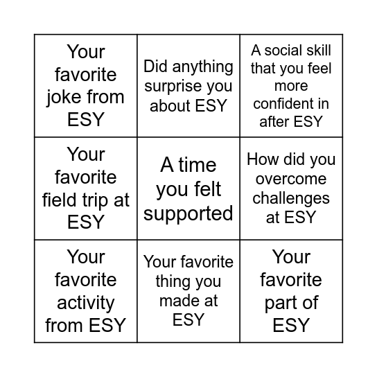 ESY Reflection Bingo! Bingo Card