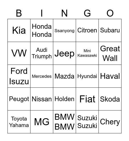 Car Bingo! Bingo Card