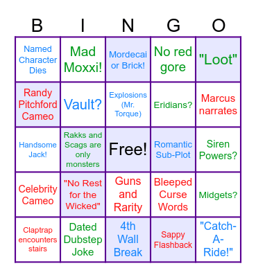 Borderlands Movie Bingo Card