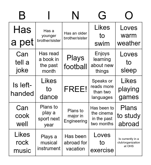 New Student Bingo Card