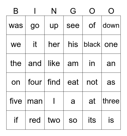 Quarter 1 Sight Words Bingo Card