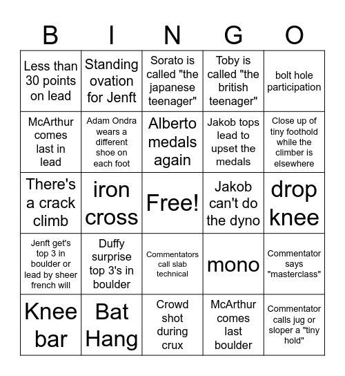 Men's Combined Final Bingo Card