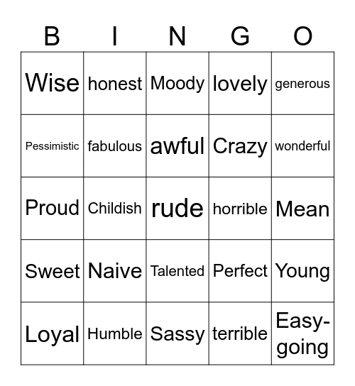 ASL Adjectives Bingo Card