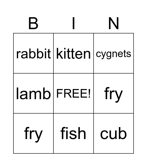 Animal names Bingo Card