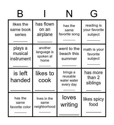 Back to School BINGO Card