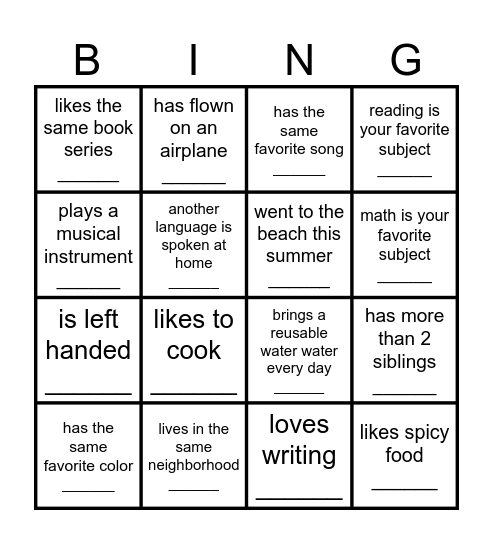 Back to School BINGO Card