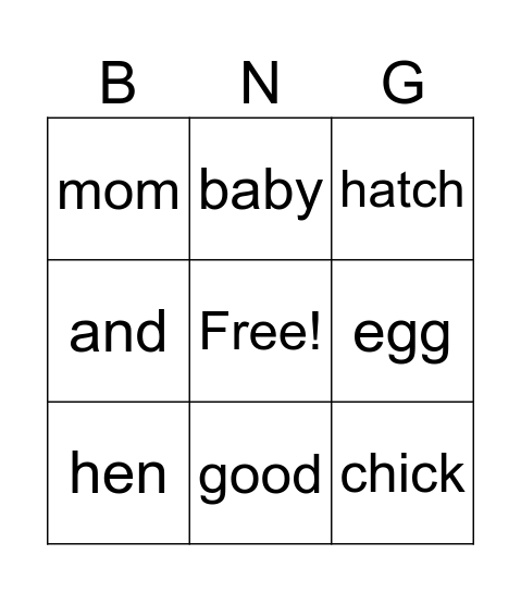 Chick Grows Bingo Card