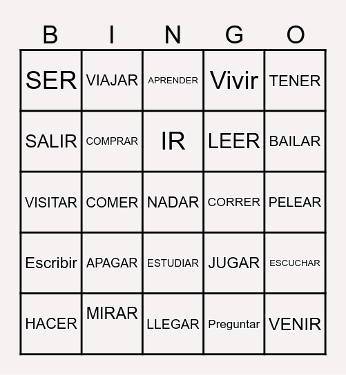 VERBOS REGULARES MODO INFINITIVO Bingo Card
