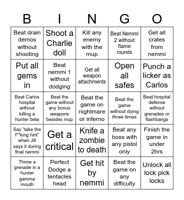 Resident evil 3 Bingo Card