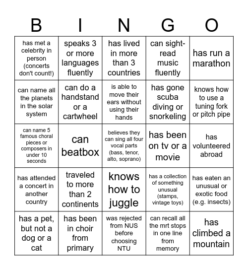 Choir Bingo Card