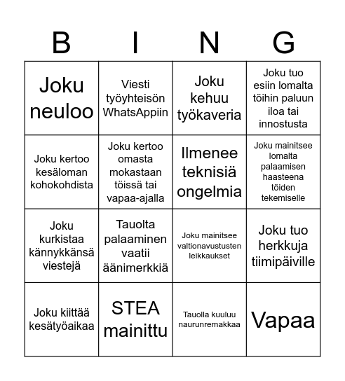 TIIMIPÄIVÄBINGO Card