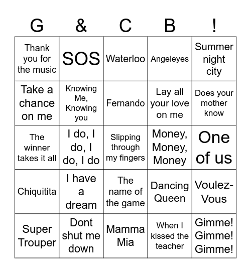 ABBA Bingo Card