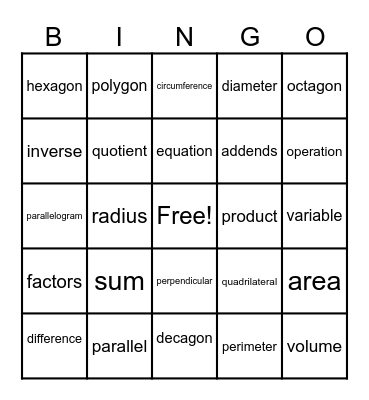 Vocabulary Week #1 and Review Geometry Terms Bingo Card