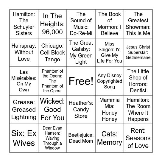 Musical Bingo Card