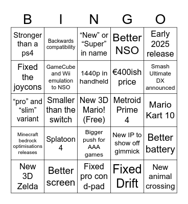 Nintendo Switch 2 Bingo Card