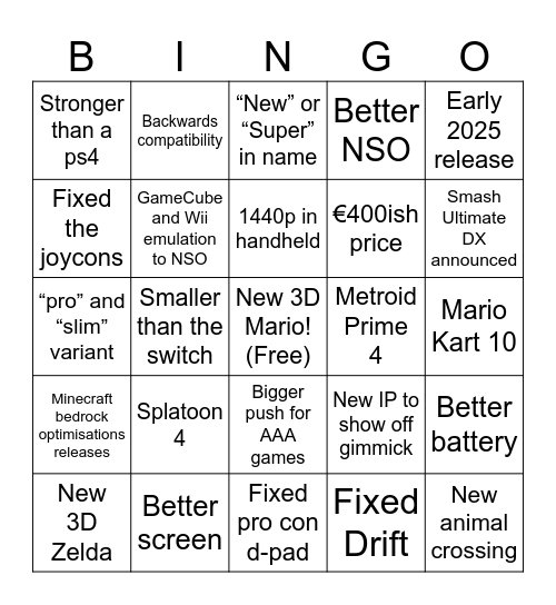 Nintendo Switch 2 Bingo Card